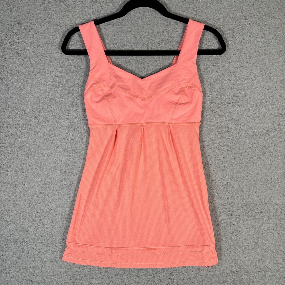 Lululemon Athletica Coral Pink Pleated Tank Top Built-in Bra Size 2 Scoop Neck